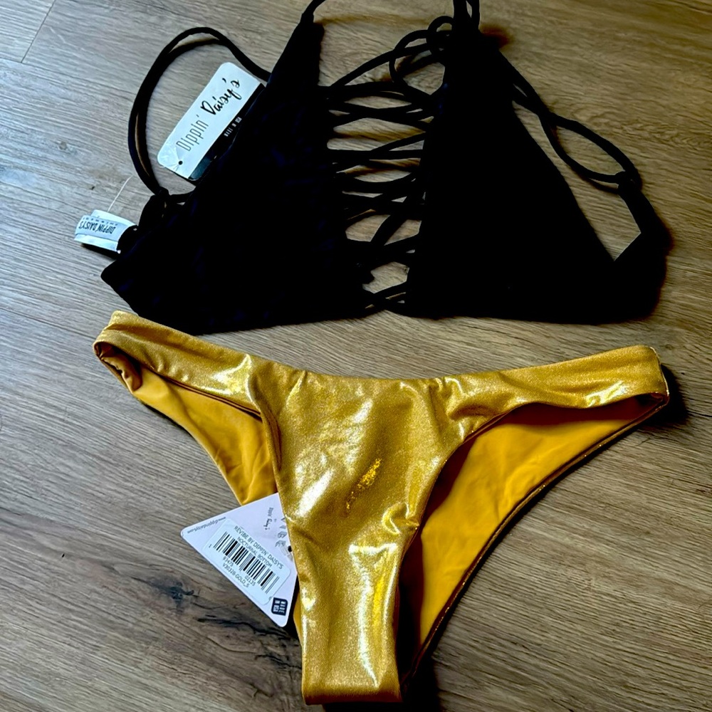Dippin' Daisy's Black and Gold Lace-Up Bikini NWT